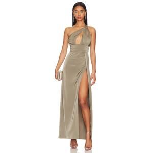 NBD Houdah Gown Olive Green One Shoulder Maxi‎ Dress Cutout Front Sz XS